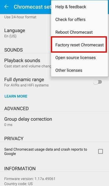 reset Chromecast option